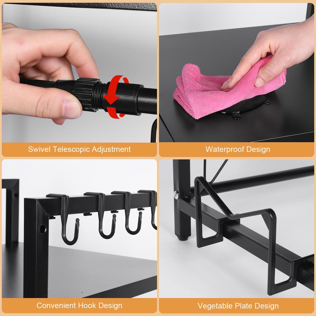 2 Tier Microwave Oven Rack Expandable Microwave Stand Countertop Kitchen Utensils Tableware Storage Shelf Countertop with Hooks