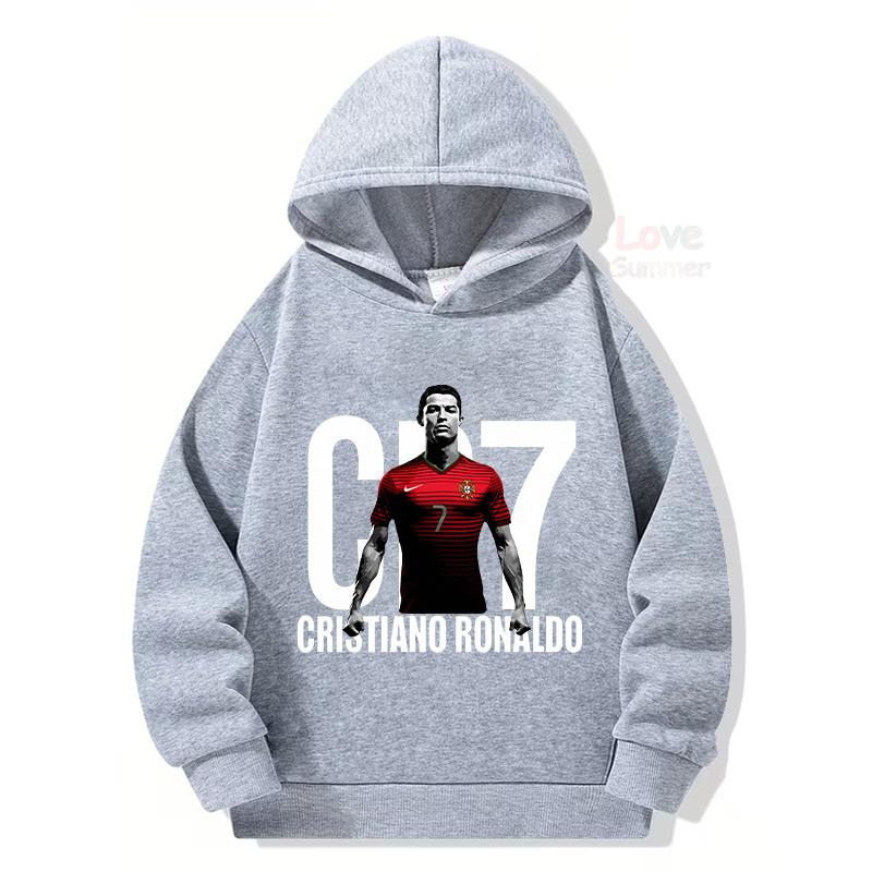 Herbst 2026 Kinder Kapuzenpullover Sport-Sweatshirt für Jungen Mädchen Ronaldo HD-Druck 4-14 Jahre Kinder Pullover Oberteil 160 gray