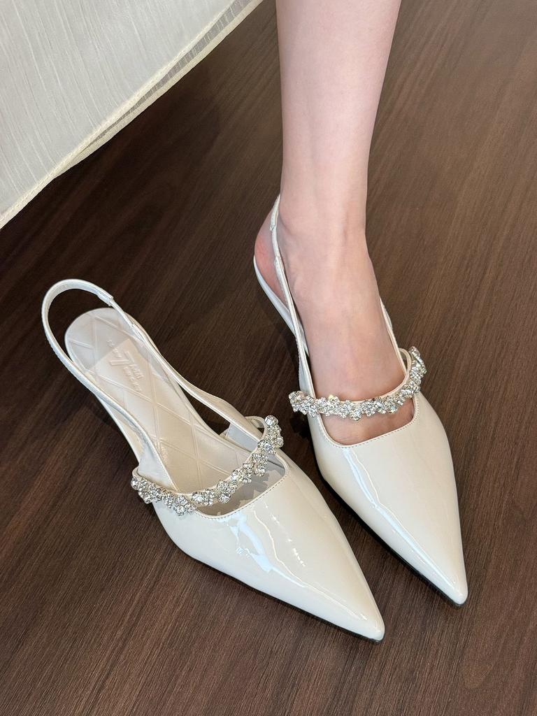 Cold temperament! Silver pointed tip with rhinestone high heels women's shallow mouth rear empty sandals