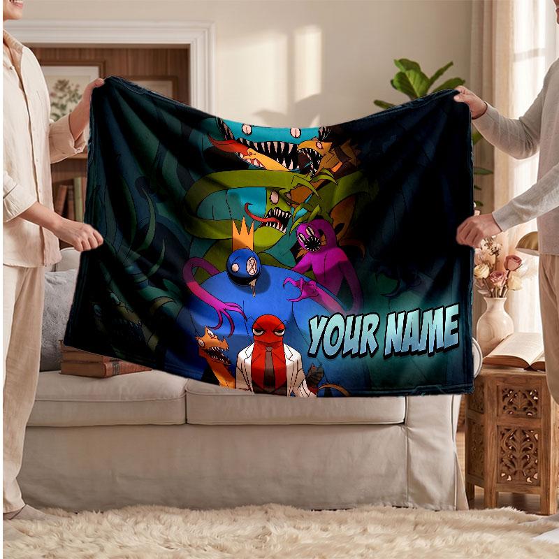 Rainbow Friends Personalized Flannel Blanket, Custom Printed Text Name, Warm Soft Blanket For Couch Bed