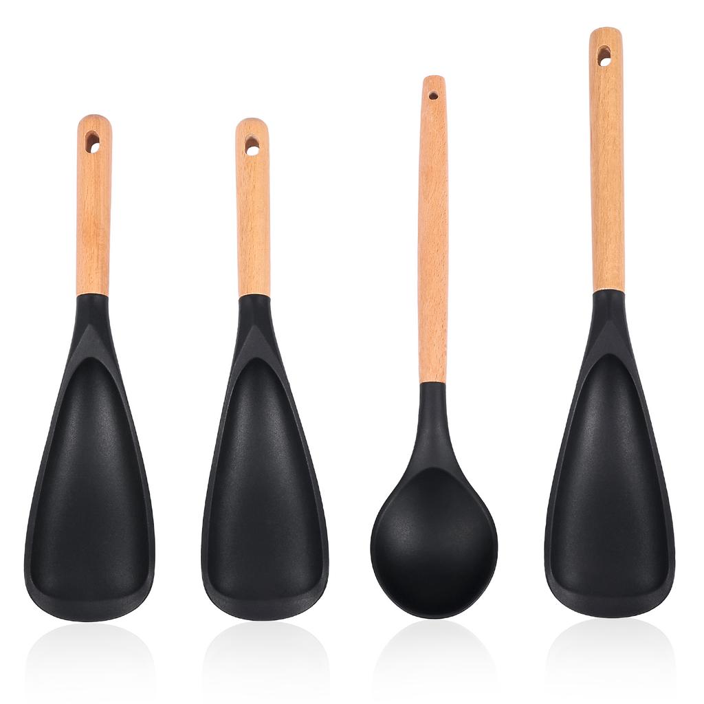3/4Pcs Silicone Cooking Spatulas Spoons Set Wood Handle Multi-functional Serving Spatula Spoon for Baking Scooping and Scraping