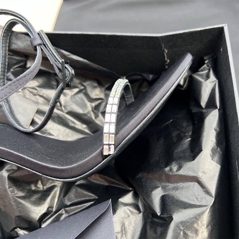Black Pointed-toe Stiletto Heels Women's Spring Summer 2024 New Sexy Celebrity Trend One Line with Rhinestone Open Toe Sandals