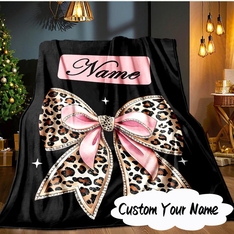 Custom Name Leopard Print Bow Blanket  Ideal Bedding Blanket Perfect for Travel, Camping, Living Rooms, Offices, Sofas, Fan Christmas gift