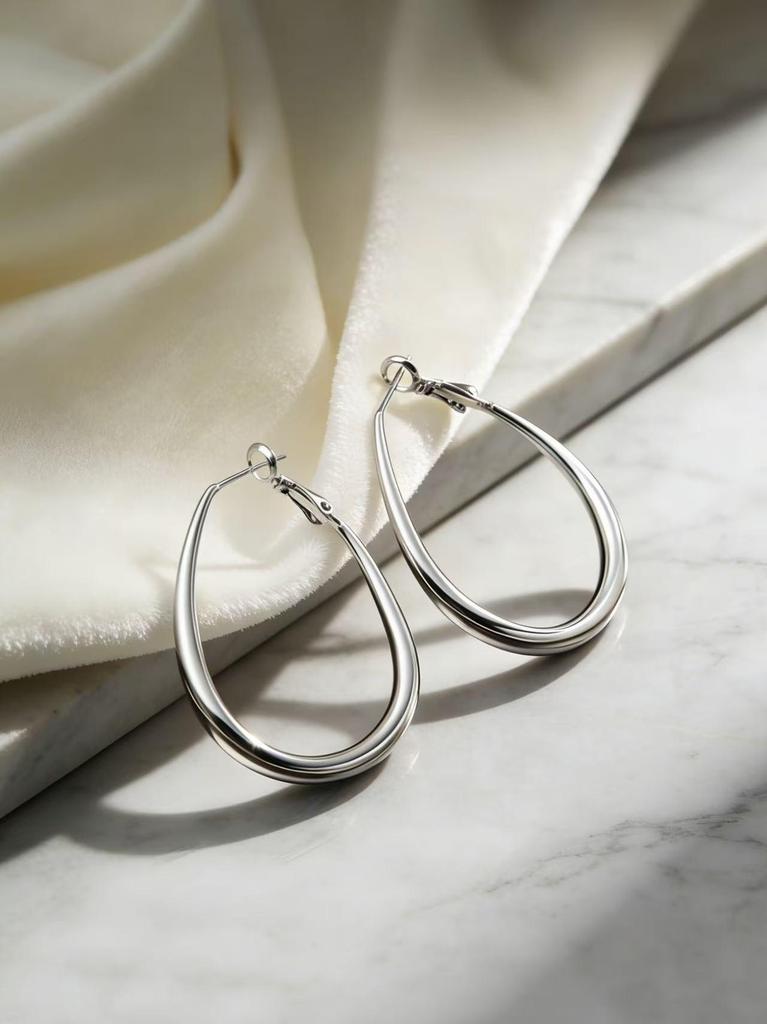 Silver Water Drop Hoop Earrings with Pure Silver Needle – Women's High-End Hong Kong Style