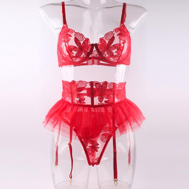 Lingerie Set Women Sexy Underwear Push Up Strappy Embroidered Mesh Sheer Lingerie Set See Through Panty Bra 3 Piece Langerie