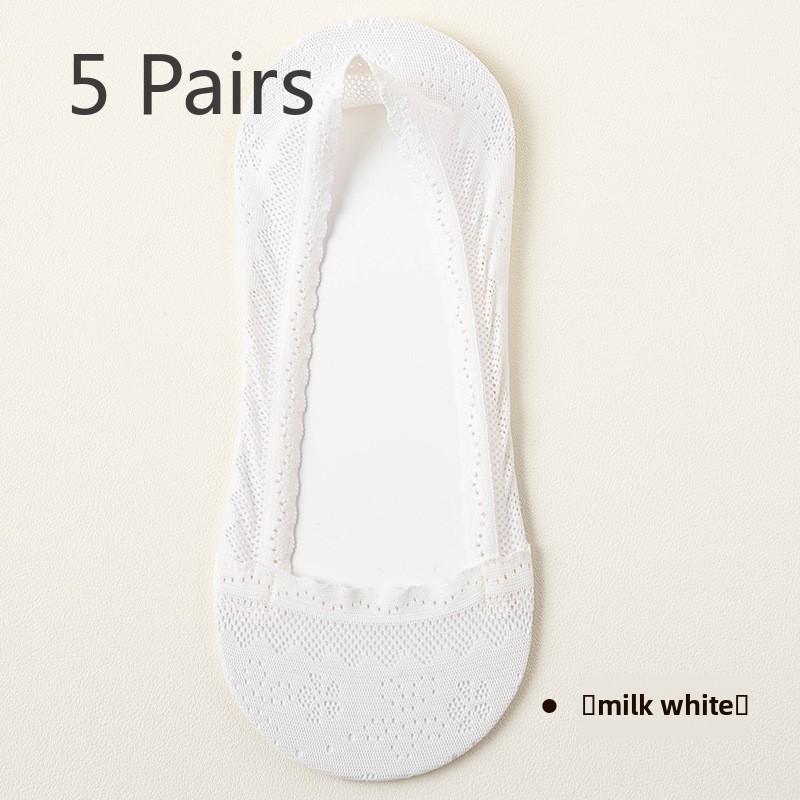 5 Pairs of Women's Summer Thin Ice Silk Cotton Sole Shallow Mouth Invisible Lace Mesh Non Slip Socks