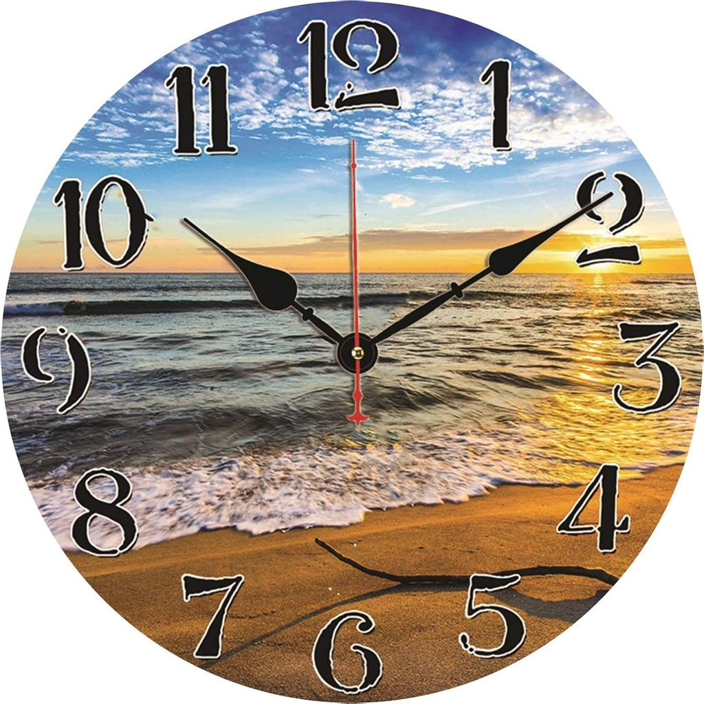 TAHEAT Beach Waves In The Sunset Wall Clock, Silent Non Ticking Battery Operated Clocks, Easy To Read Decorative Wall Clock for