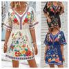 Bohemian Retro Ethnic Tassel Embroidered Waist-Cinching Short Holiday Dress with Short Sleeves