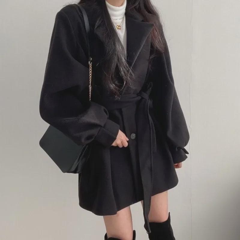 2024 Hepburn Style Medium-Long Wool Coat: Autumn/Winter, Straps, Small Suit Collar