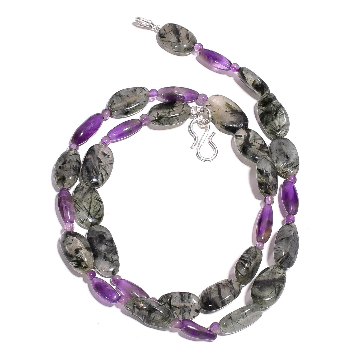 

Natural Black Rutile Amethyst Gemstone Mix Smooth Beads Necklace 17 UB-4017 UB-4017