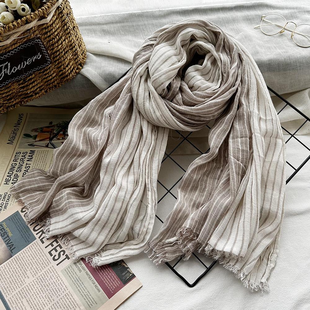 Unisex Japanese Style Cotton Linen Striped Scarves Men Soft Warm Neckerchief Male Accessories Short Tassel Bufandas Shawls