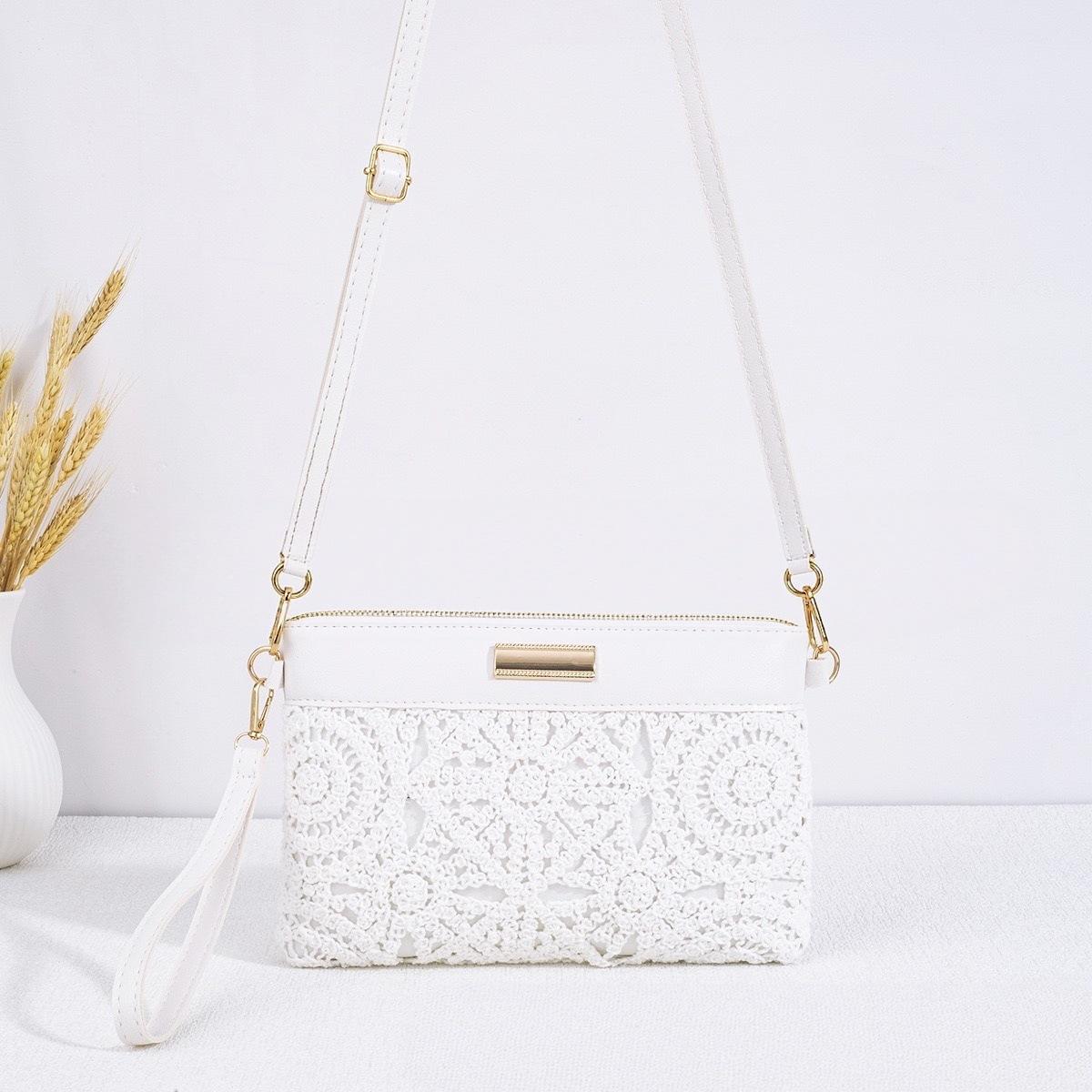 Fashion Accessories Crystal Jewelry Kant Geweven Dames Messenger Bag Mode Hol Katoenen Garen Schoudertas Onderarmtas Handtas Vakantietas wit