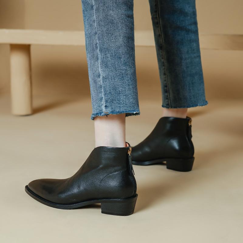2024 New Autumn Women Boots Pointed Toe Chunky Heel Boots Genuine Leather Shoes for Women Concise Ankle Boots Black Women Shoes