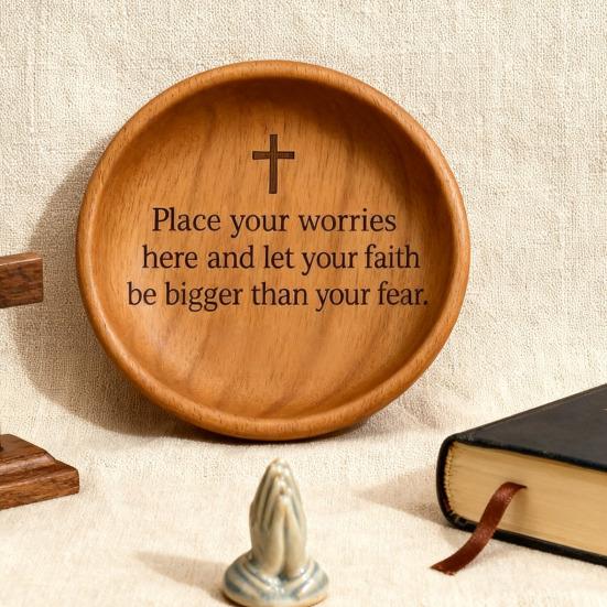 Yousheng Wooden Prayer Bowl Farmhouse Rustic Handcrafted Bible Verses Faith Bowl Round Decorative Scripture Blessing Bowl Religious Christian Gift