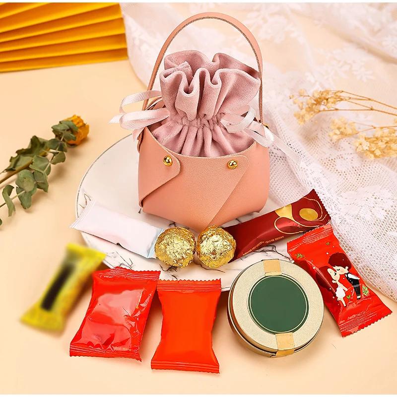 Tragbarer Kleiner Leder-Eimer Schokoladen-Bonbon-Dose Samt-Bonbon-Geschenktüten für Party Hochzeit Geburtstagsgeschenk Artikel Zubehör