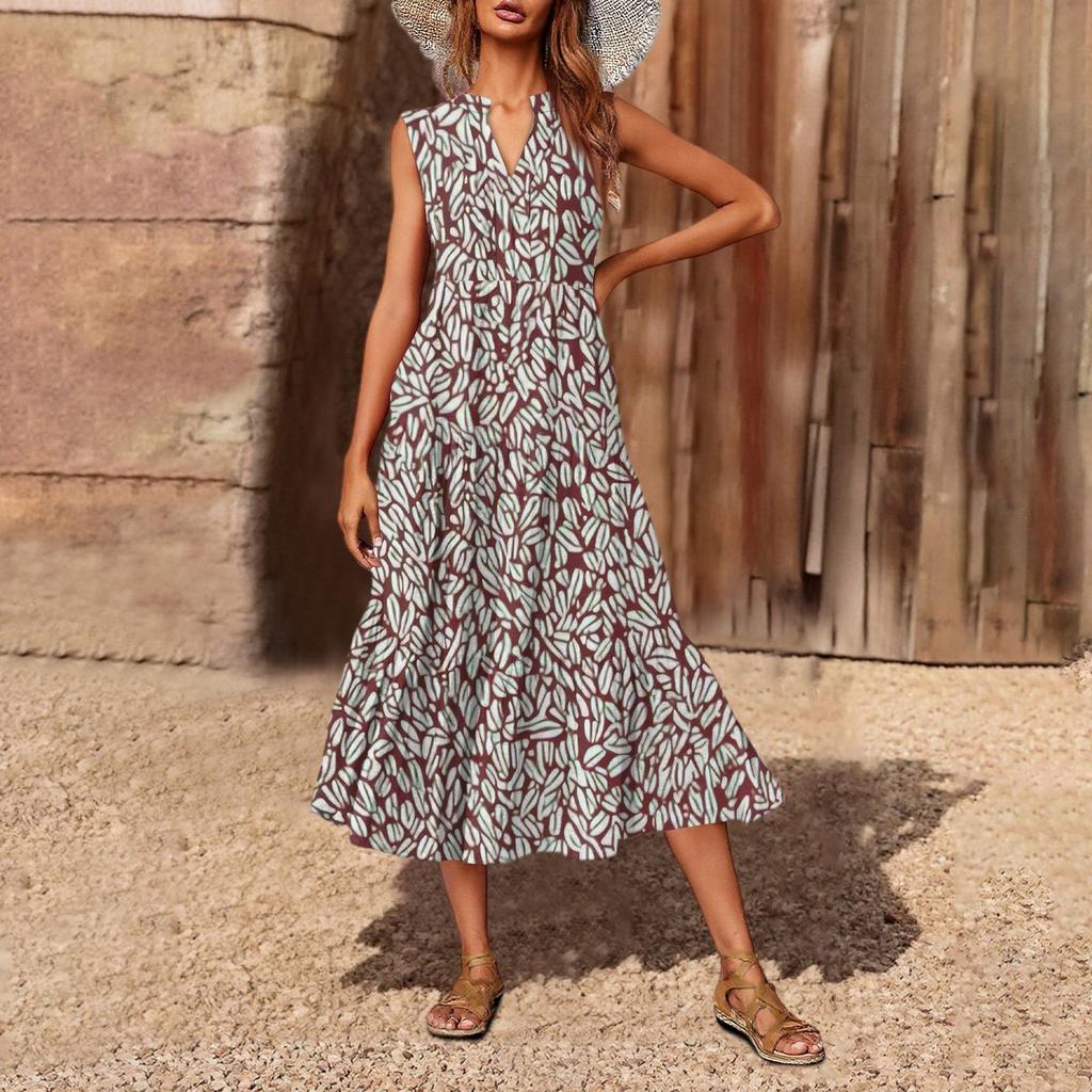 Lässiges und modisches ärmelloses Kleid mit V-Ausschnitt und mittellanger Bedruckung für Damen