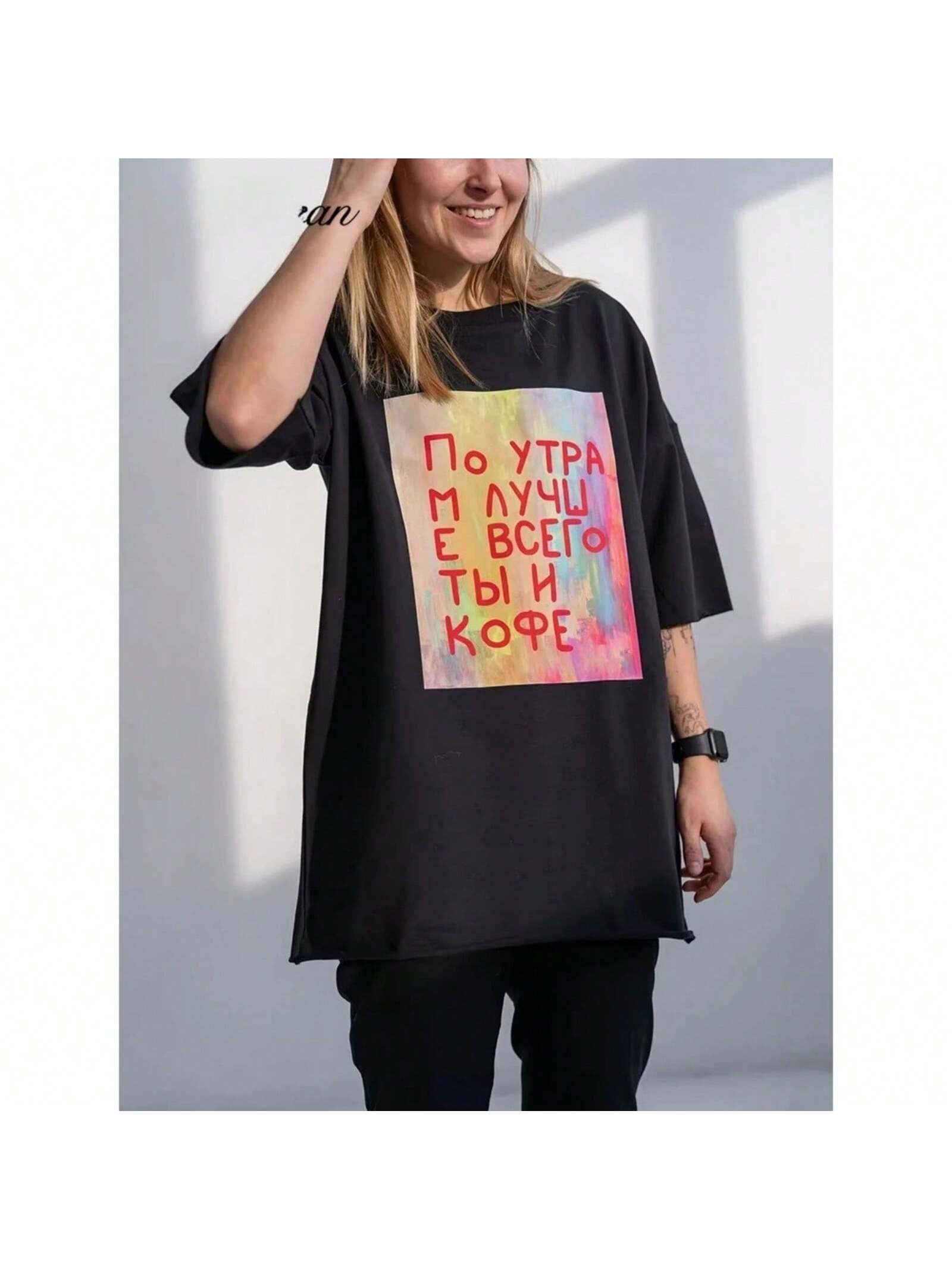 2025 Latest T-Shirt Wo Goth Loose Large Size Summer Cotton Pattern Printed T-Shirt Wo Round Neck Shirt Street Top S разноцветный