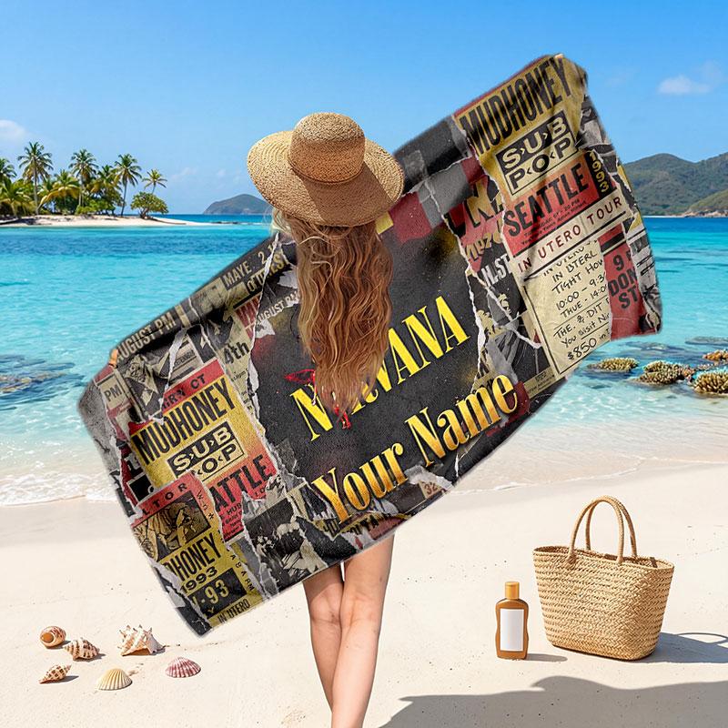 Nirvana Customized Name Text Beach Towel, Soft Absorbent Towel Beach Pool Travel Personal Gift