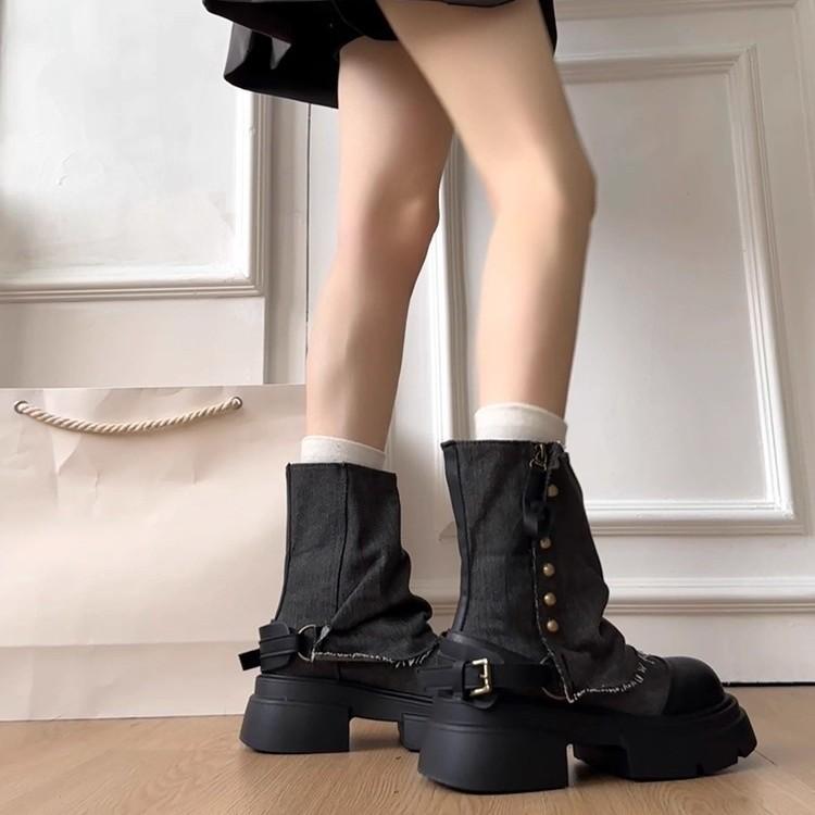 British Style Platform Soles Thick Heel Trousers Boots Boots Women's 2025 New Summer and Autumn with Skirts Western Denim Martin Boots