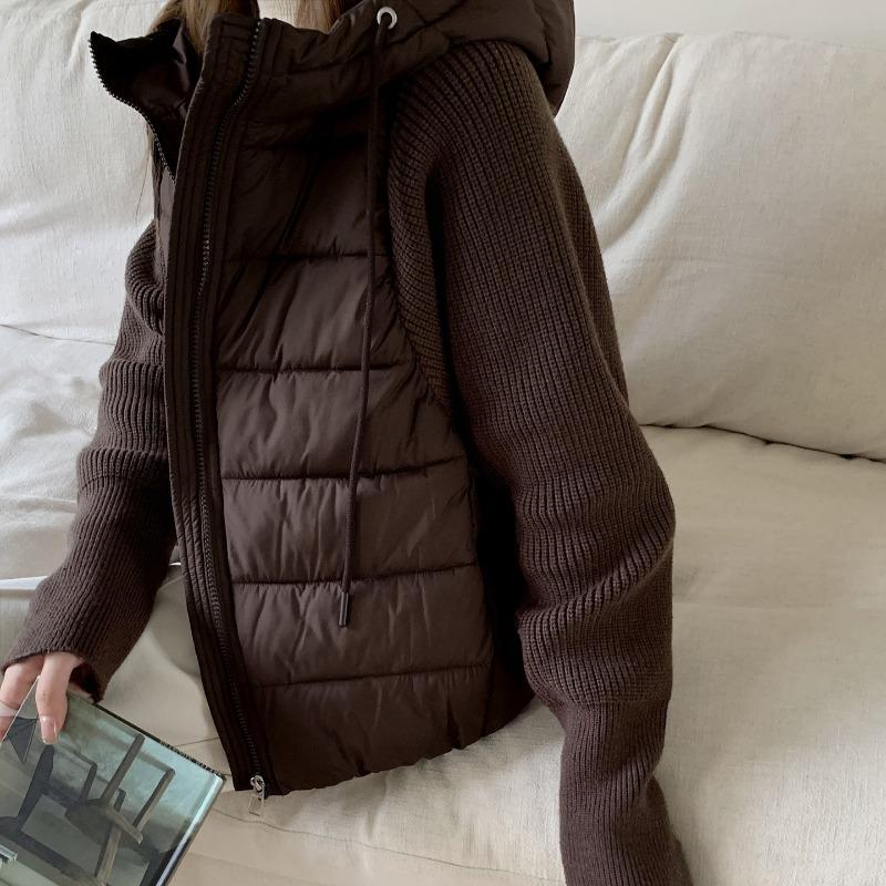 Light and thin knitted splicing cotton-padded clothes women's short hooded winter new Korean version cotton-padded clothes and cotton-padded jackets
