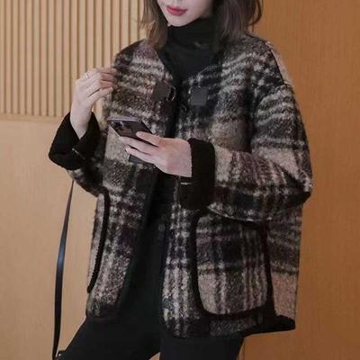 Coat for Women Thickened Plaid Plush Winter Double Layer Windbreaker Oversize Casual Jacket