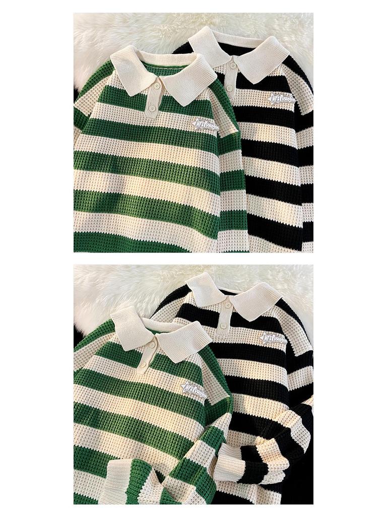 Men's Retro Striped Polo Collar Sweater - Autumn/Winter College Style Loose Knitwear