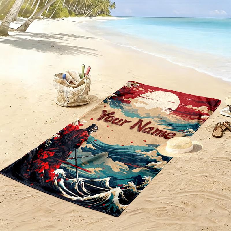 Name Custom Japanese Samurai Print Beach Towel, Large Soft Quick Dry Towel for Beach Camping Swimming