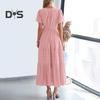 Women's Summer Maxi Dress Casual V-Neck Short Sleeve Tiered Flowy Dress Smocked Waist Pleated Long Dress