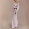 European and American knitted long-sleeved one-word neck top, pleated half-length dress, solid color fashion suit, two-piece set for women