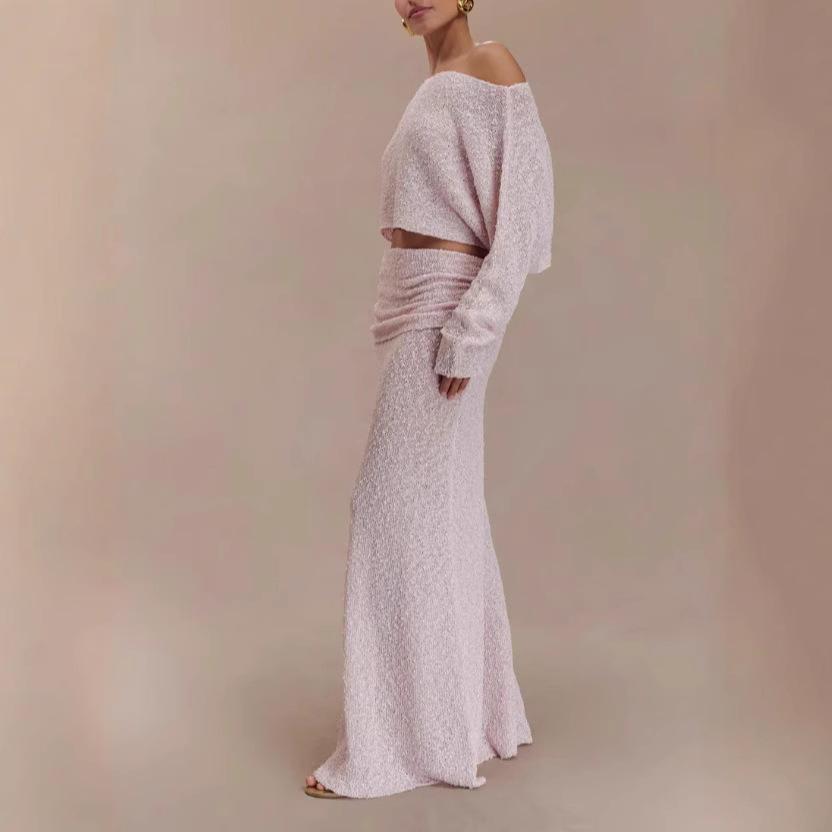 European and American knitted long-sleeved one-word neck top, pleated half-length dress, solid color fashion suit, two-piece set for women