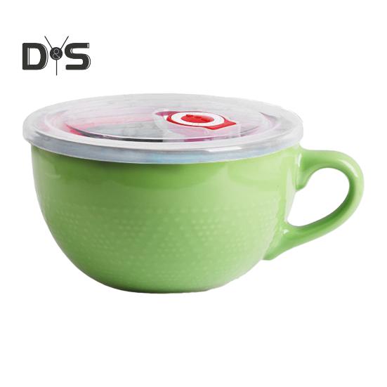 

Керамічна миска для сніданку 700 мл, придатна для використання в мікрохвильовій печі та духовці, з кришкою та ложкою, велика миска для супу з вівсянкою та локшиною grass зелений колір
