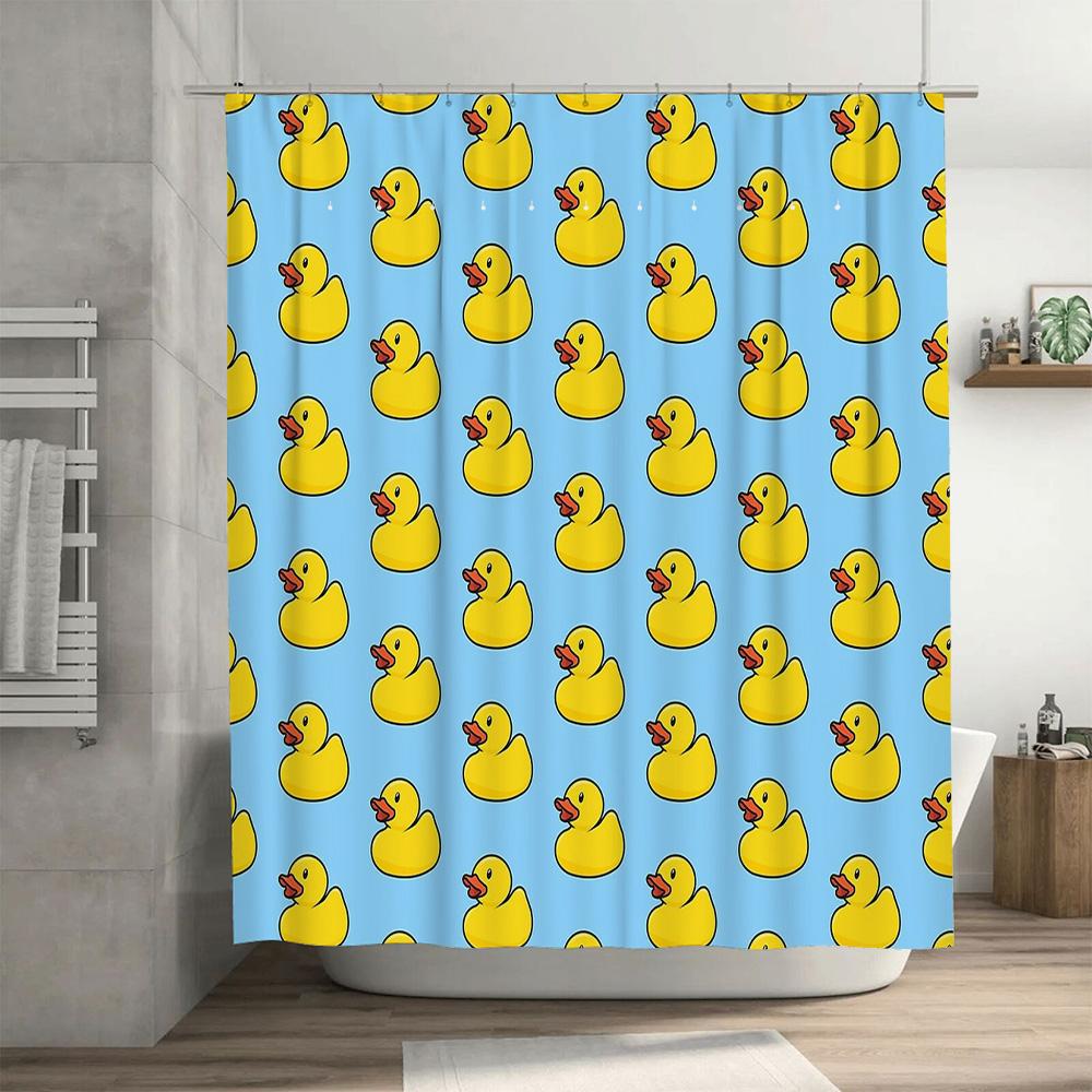 Tenda da Doccia per Bagno con Carino Motivo Anatra Tessuto Impermeabile Decorazione Stile Rustico Set di Rivestimento Lavabile