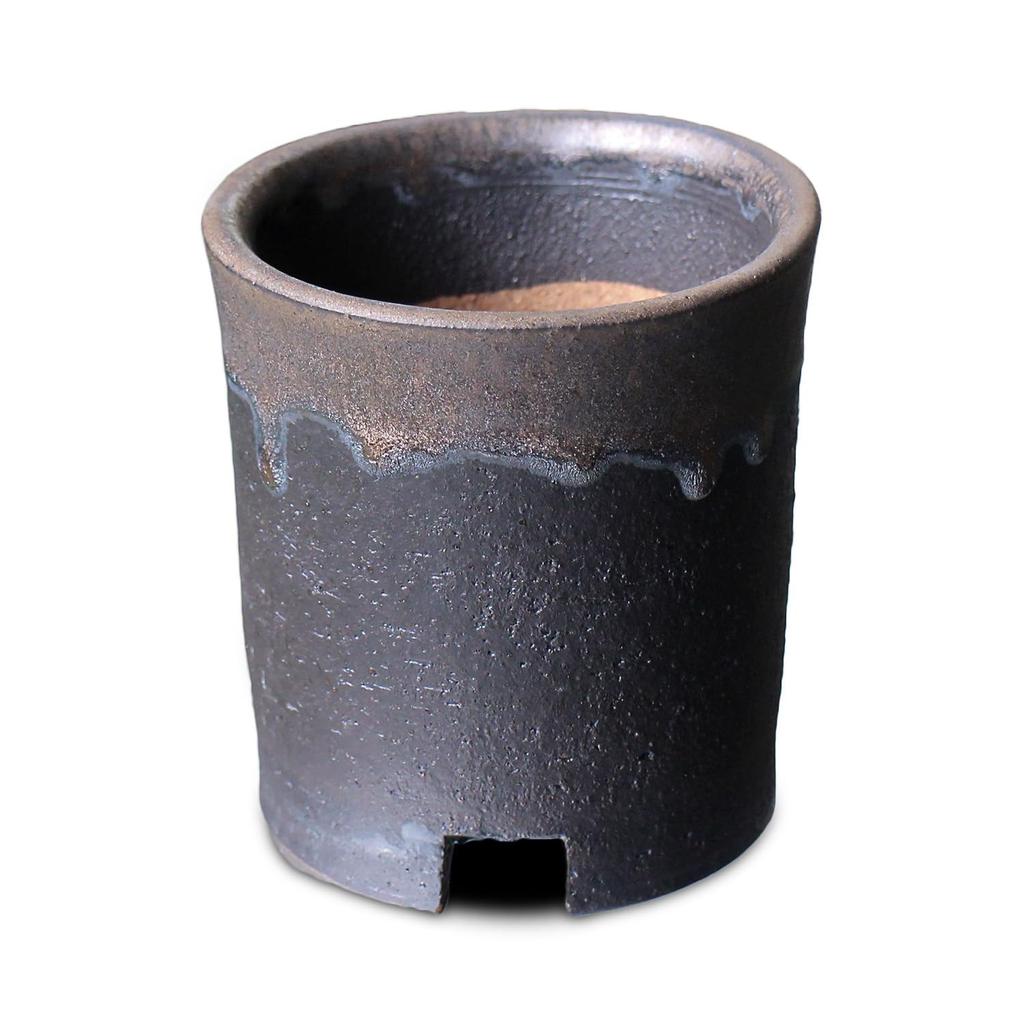 Umekichi Bonsai Cylindrical Bonsai Gold and Shigaraki for Tuberous Hanging Approximately 10cm Supplies, 3.5" Pot, Black, Ware, Wildflowers,