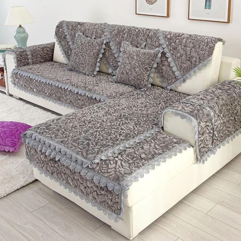 Modern Plush Sofa Cushions Winter Lace Flannel Sofa Cover Four Seasons Solid Color Non-slip Sofa Cover For1/2/3 Seat Sofas Decor