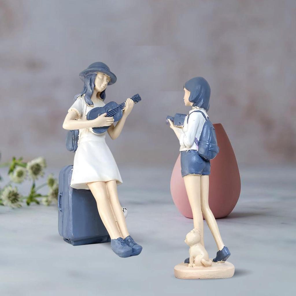 Cute and Elegant Girls Statue for Home Decor | Table Decor (Pack of 2, White & Blue)