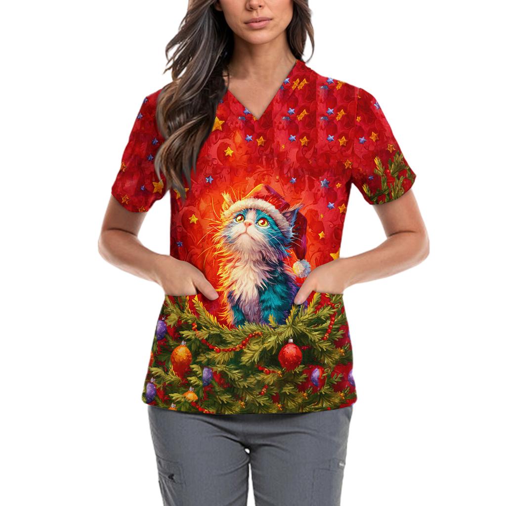 Women's Cute Bow Printed Work Clothes V-neck Double Layer Pockets Basic Short Sleeve Top Pullover