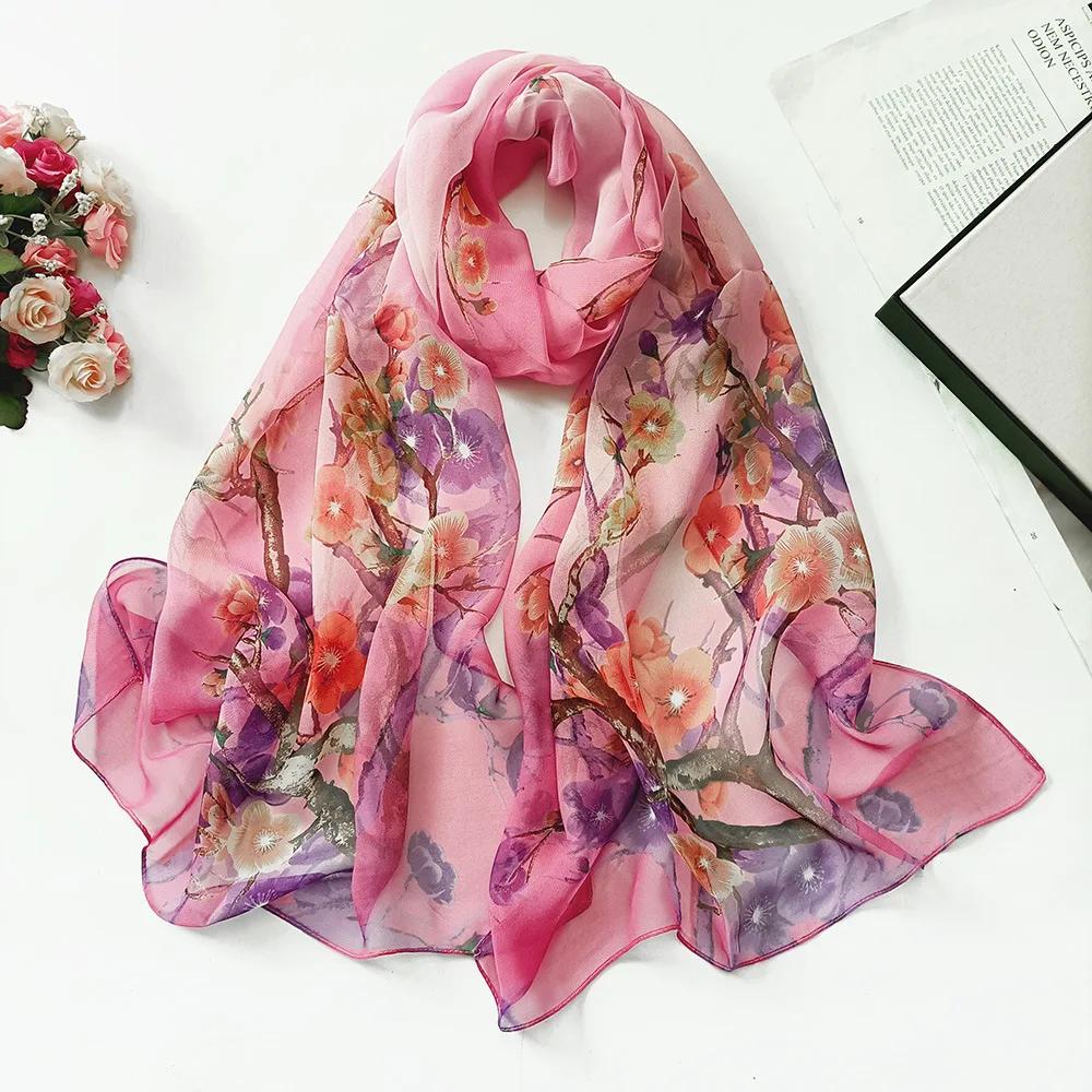 Seidenschals Damen Chiffon Wickeltücher Schals Dünner Hijab Schal Für Damen Blumendruck Bandana Kopftücher Sonnenschutz Langer Halsscarf