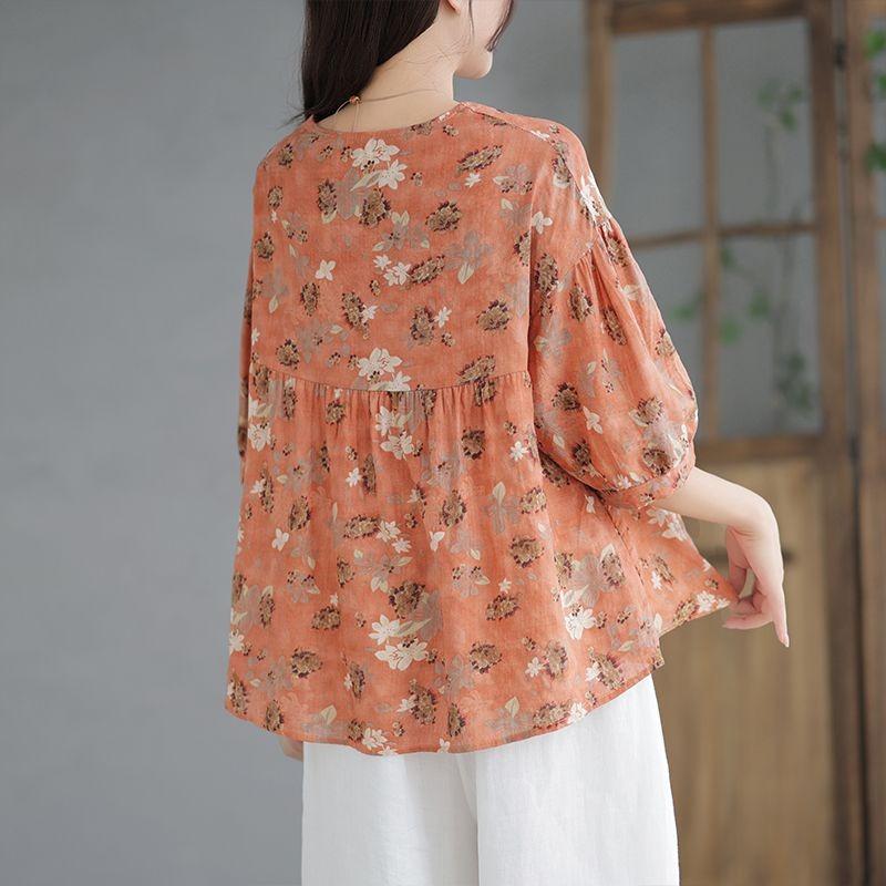 Doll Shirt Short Sleeved Cotton Linen Round Neck T-shirt Women's Summer Plus Size Top Linen High-end Temperament Shirt