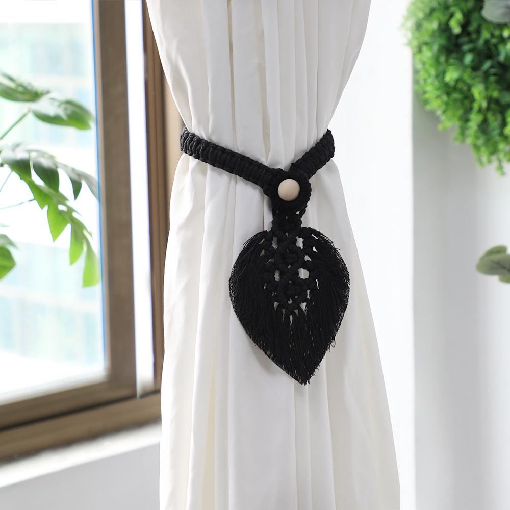 Bohemian Woven Curtain Tiebacks with Tassel, Leaf, and Wood Bead Decor