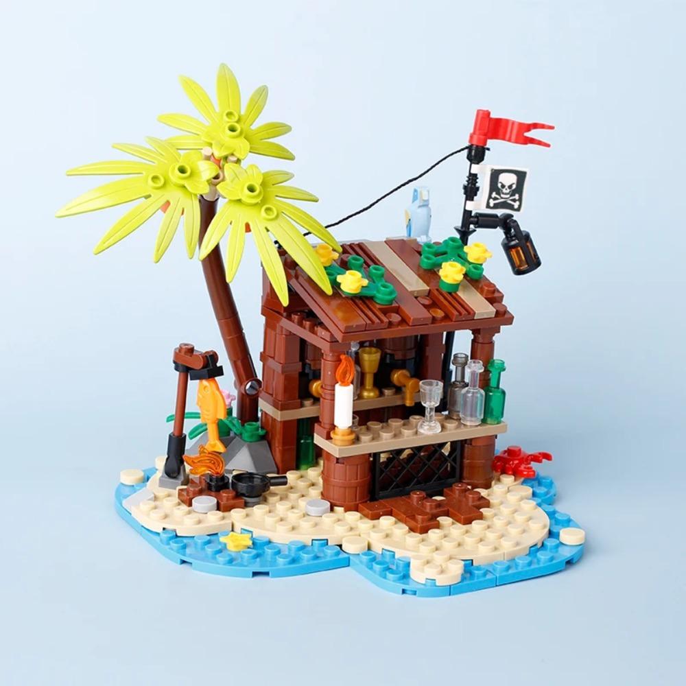 MOC Mittelalterliche Piratenbar Modellbausteine Set Papagei Blockhütte Inselhaus Lagerfeuer Baum Segelboot Schiff Steine Spielzeug Geschenk