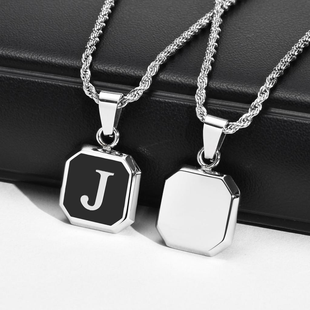 Initials Necklaces for Men Women,A-Z 26 Letters Black Square Stainless Steel Pendant Collar,45-60CM Twisted Rope Chain Gifts