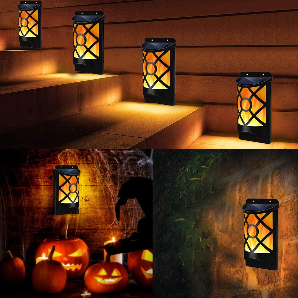 Solar Flame Lights Outdoor Wall Lamp Waterproof Flickering Patio Pathway Yard 36 LED Sun Powered Wall Mounted Sunlight