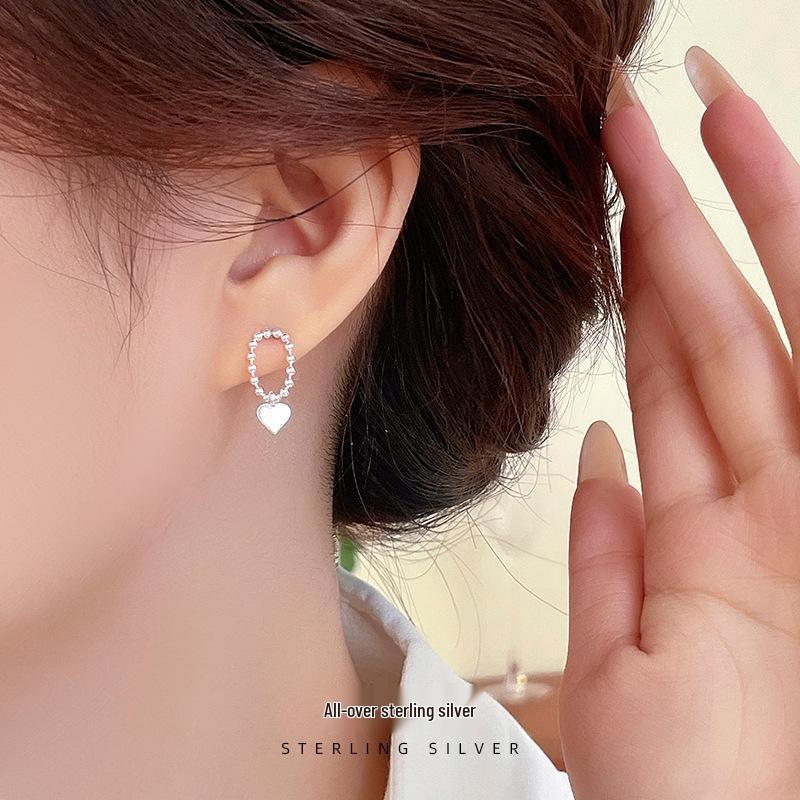 Cui Yan Shi Jie S925 Sterling Silver Heart-Shaped Korean Style Textured Beaded Stud Earrings for Women - 2025