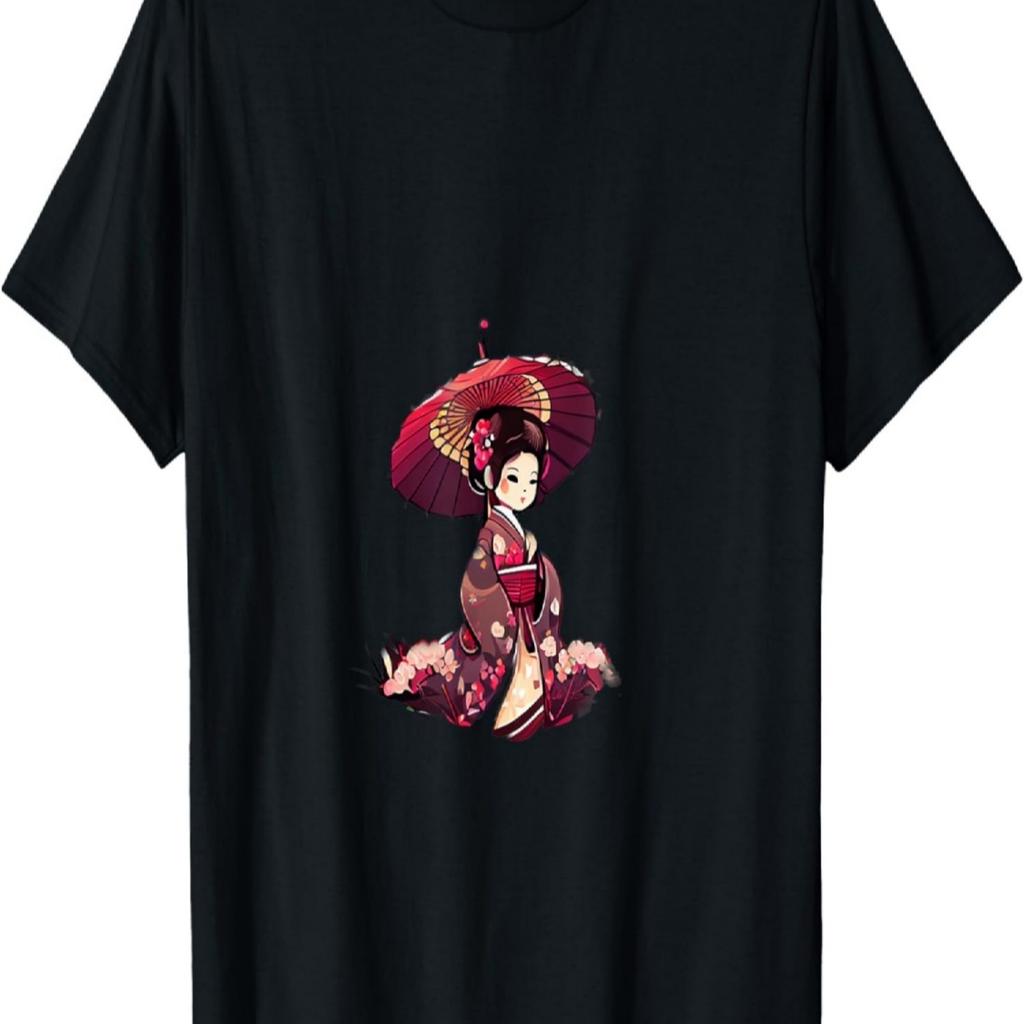 Geisha Zeichentrickmädchen mit Regenschirm Kirschblüte T-Shirt