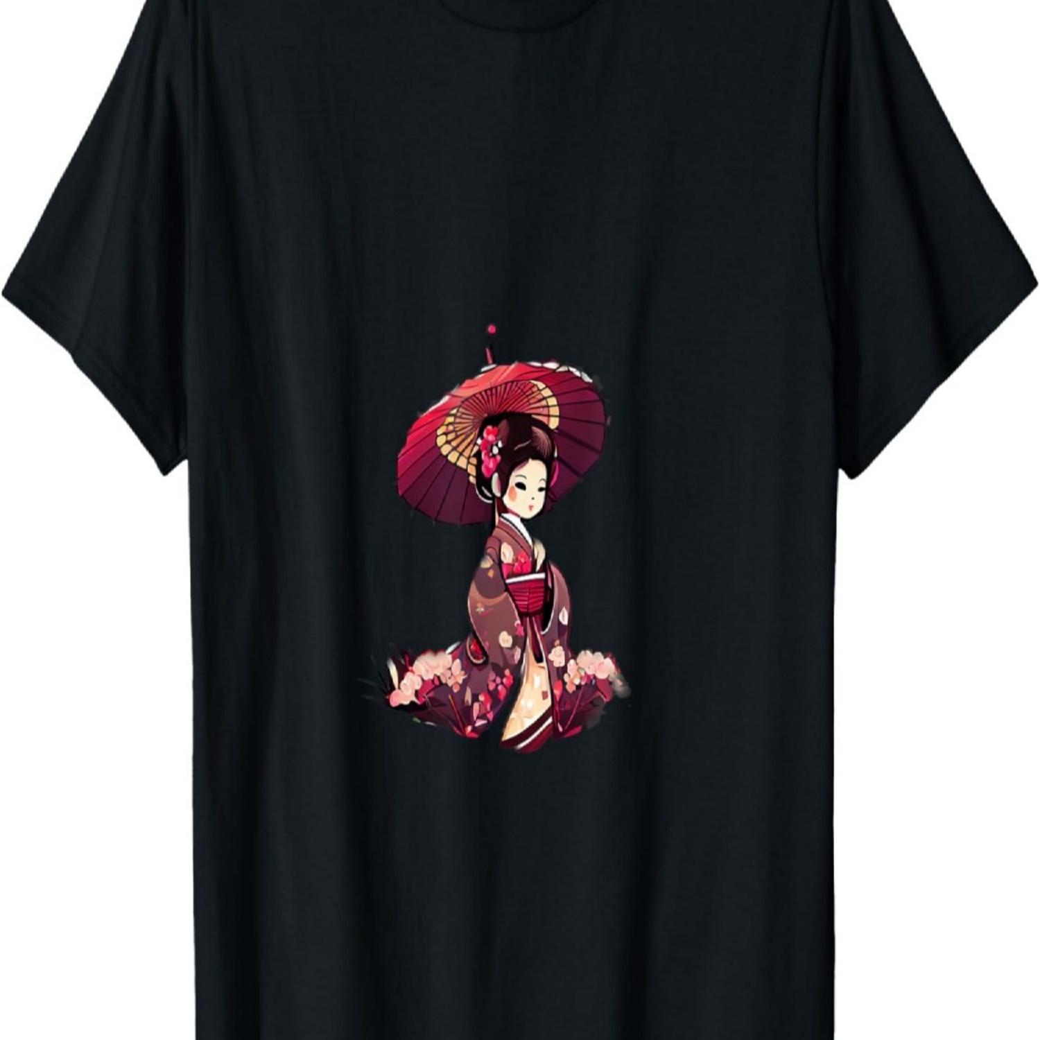 Geisha cartoon girl with umbrella cherry blossom T-Shirt S