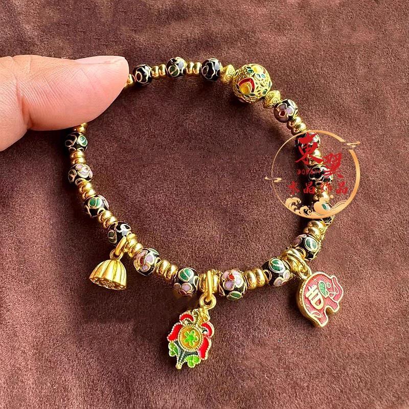 Black Cloisonné Lotus Bud Elephant Ruyi Bracelet with Porcelain Glaze & Gold Foil
