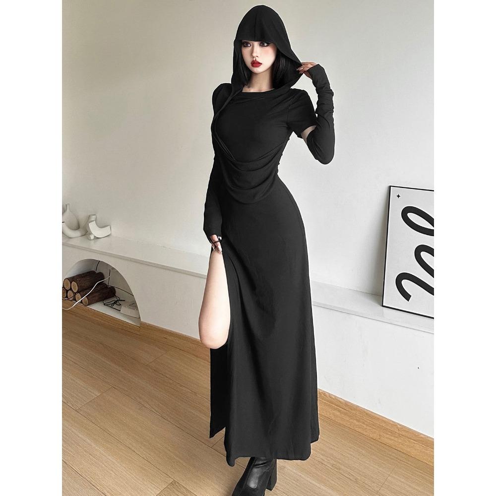 Female Retro Wasteland Style Design Hooded Dress Feminine Temperament Pleated Slim High Slit Spicy Girl
