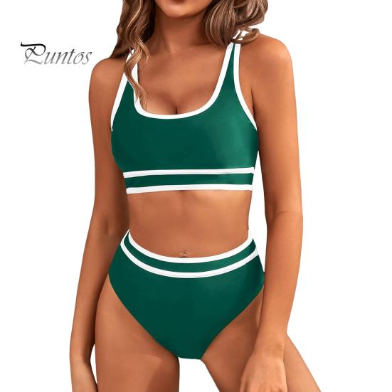 

2 шт./компл., женский летний комплект бикини, бюстгальтер без рукавов с v-образным вырезом, трусы с высокой талией, комплект с контролем живота, костюм для плавания, купальный костюм L зелёный