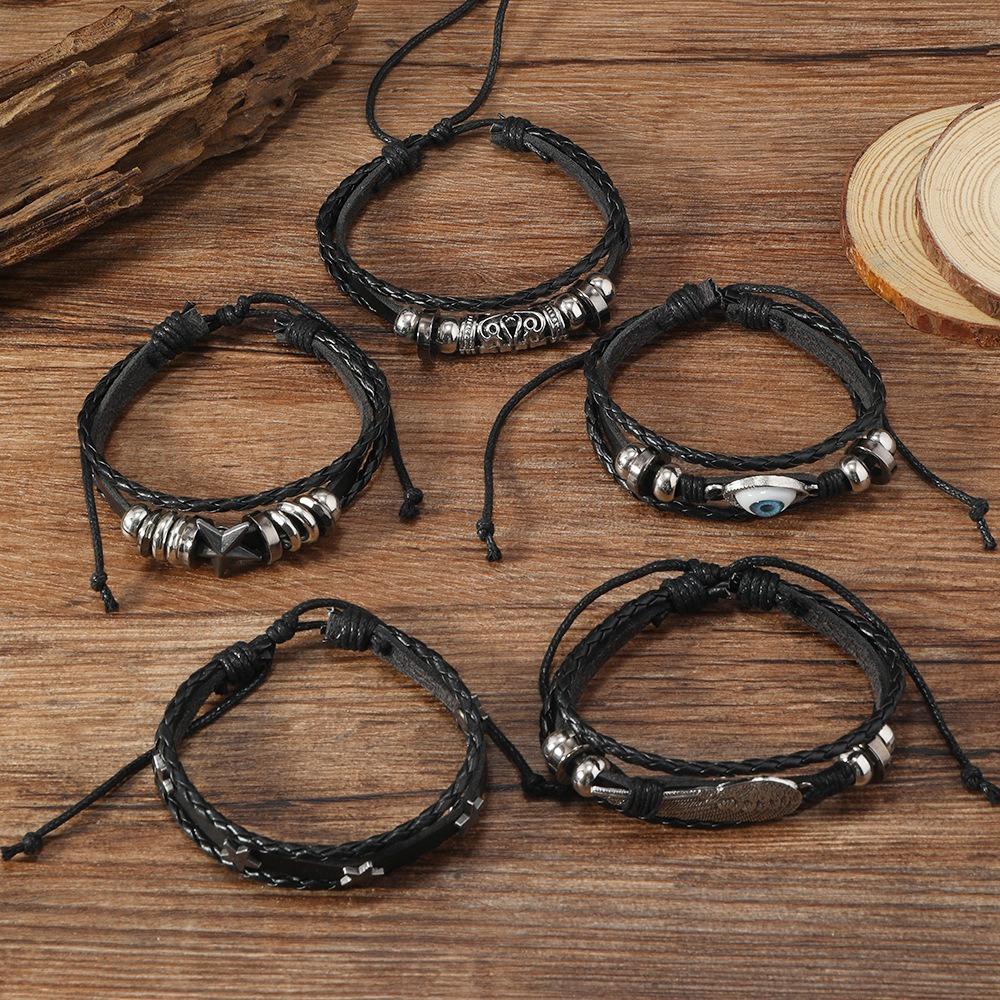 Ethnic Retro Multi-layer Devil's Eye Angel's Wings Star Black Wax Rope Leather Bracelets for Women Men Trendy Punk Jewelry Gifts