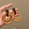 Silver Needle Round Resin Rattan Woven Earrings - Light Luxury High-End Studs, Fashionable Temperament Design